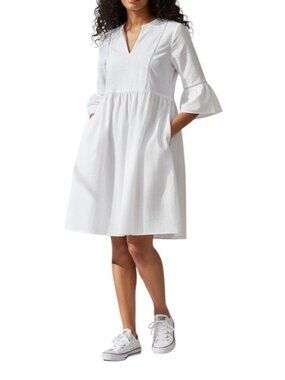 Lintico White Linen Blend Boho Dress L 3/4 Ruffle Sleeve Flowy Chic